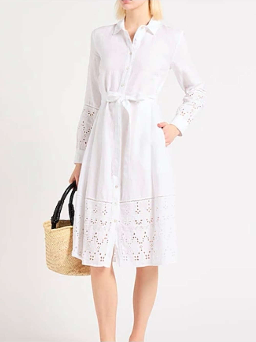 White Eyelet Tie-Waist Midi Dress 120 %lino